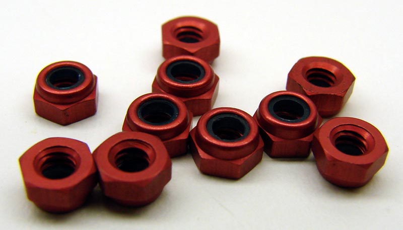 Red anodized aluminum locknuts 3/16 hex, 4-40 thread